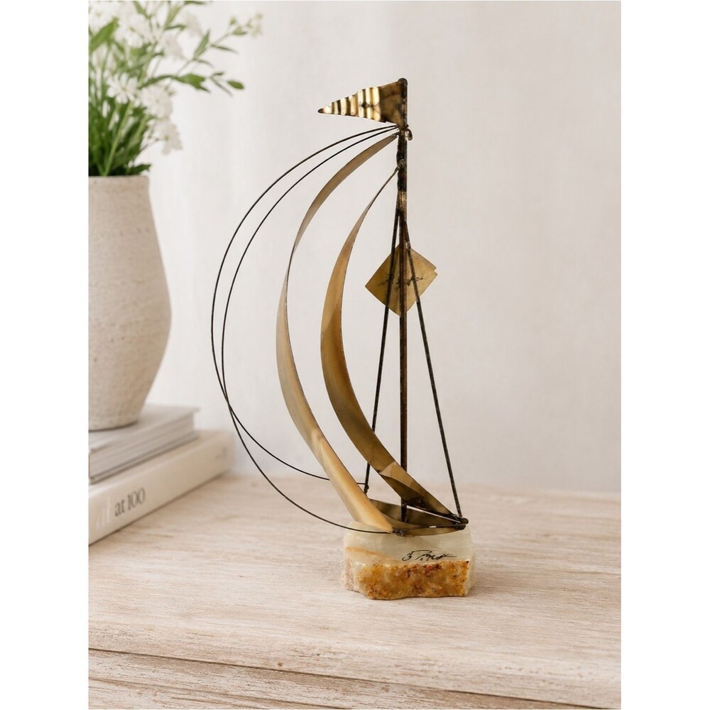 Vintage 1970's DeMott Brass Sailboat Sculpture Onyx Base MCM Modernist Nautical